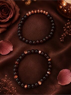 Chocolate Rose & Copper Kiss Beaded Bracelet Duo 8”